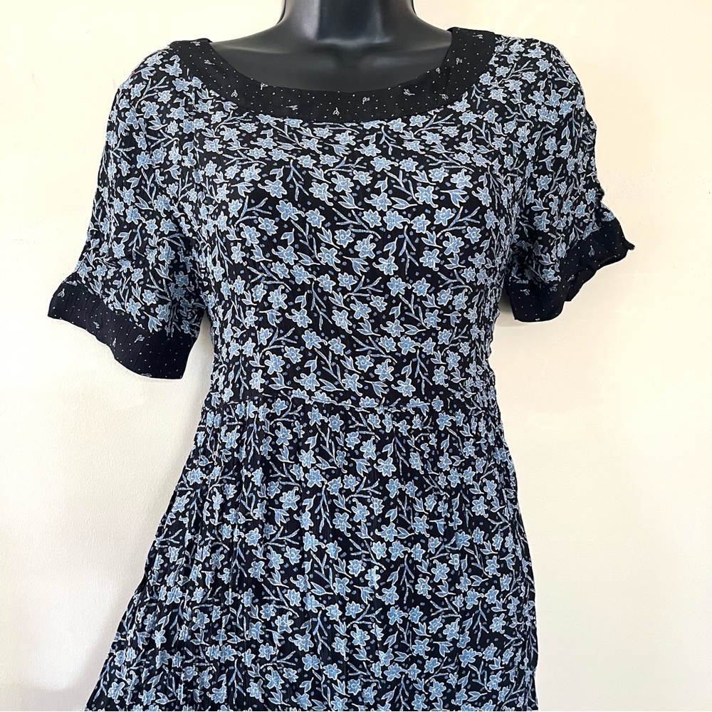 vtg Midi dress S babydoll ditsy floral blue cottage modest coastal trad